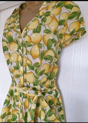 Vintage 1940s 1950s Style Summer Lemon Tea Cotton Dress Size 14 TWINWOOD