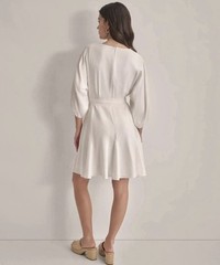 DKNY Women&rsquo;s V-neck Embroidered-trim Belted Dress – White – 4