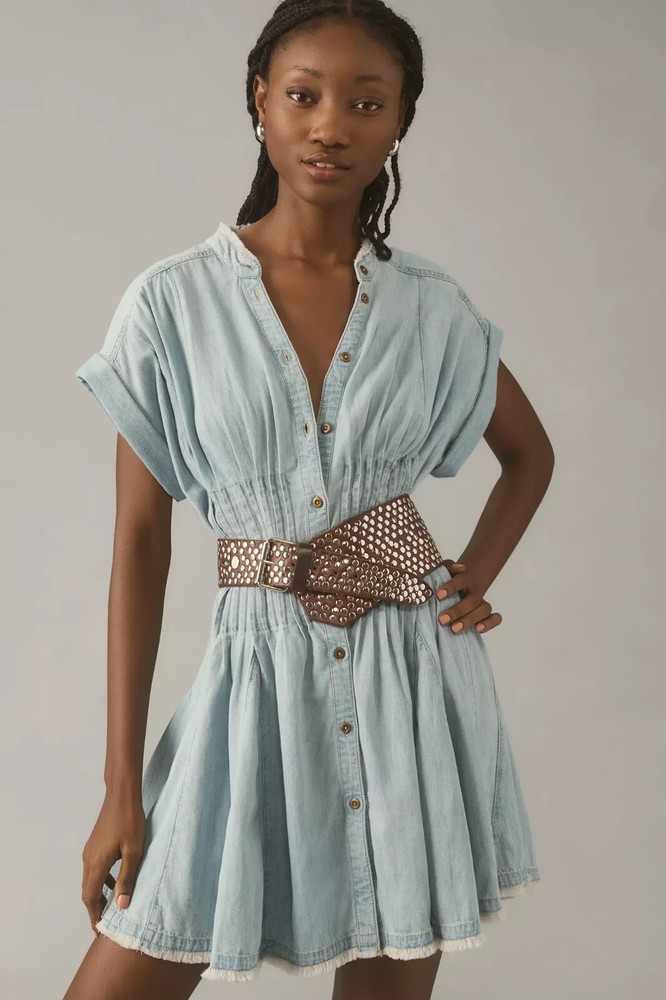 Anthropologie Pilcro Shirred-Waist Buttondown Dress XS 2 Women&rsquo;s Denim NEW 41721