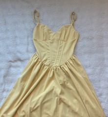 Yellow Midi A-Line Dress with Corset Bodice, Strappy Sleeves, Lace Up, V-Neck