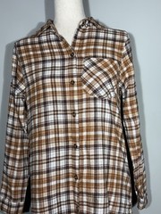 No Comment M Plaid Brown Button Front Shirt Dress Long Sleeves Slits Flannel