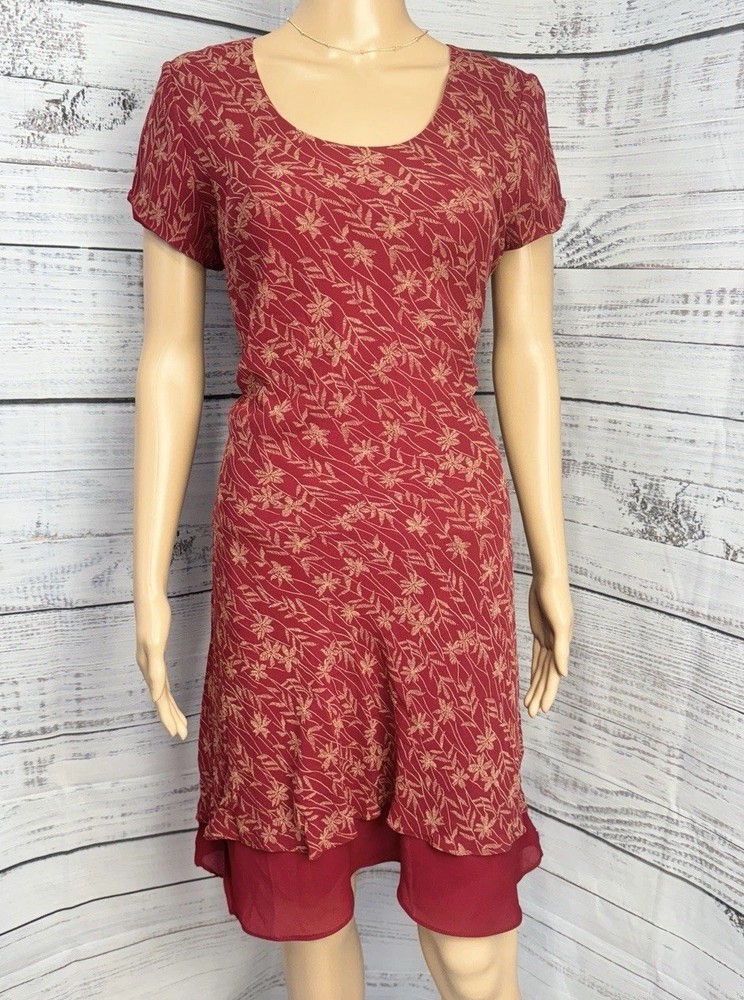 VTG Depeche 100% Silk Red Floral Dress Sz 12 Sheer Hem Boho Layered Feminine