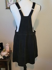 90s Black Suede Overall Dress Front Zip, By PIE IN THE SKY, Adjust Straps, Large