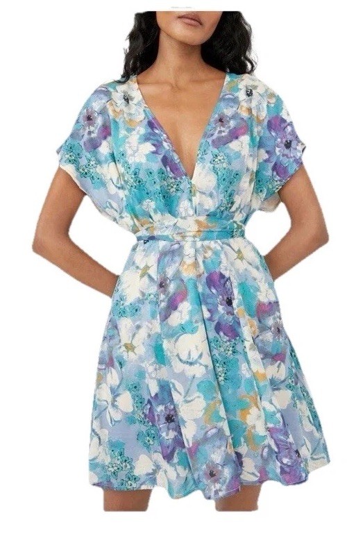 Free People Freddy Blue Floral Printed Short Sleeve Mini Dress Medium M