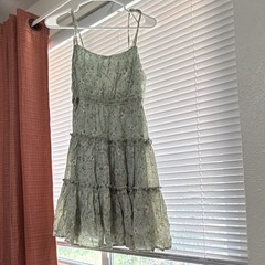 Women&rsquo;s Green Floral Chiffon Tiered Ruffle Sundress Spaghetti Strap Size S