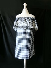 Forever21 Navy& White Gingham Off Shoulder Embriodered Ruffle Summer Dress -S