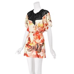 JEAN PAUL GAULTIER SOLIEL Printed White Mesh Mini Dress with Black Mesh Yoke SZS