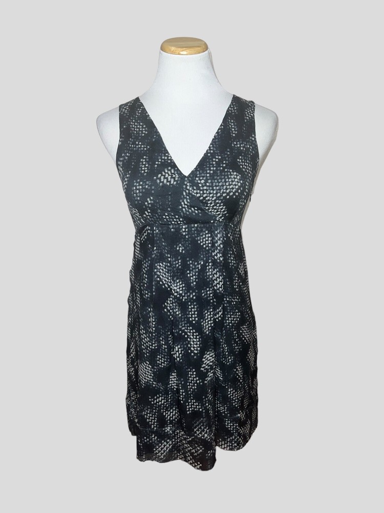 Theory Abstract Digital Print Silk Sleeveless Dress Womens Sz 4 Lined Black Gray