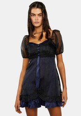 Dolls Kill Dark Gardens Babydoll Dress Black Blue Sheer Puff Sleeve Mini