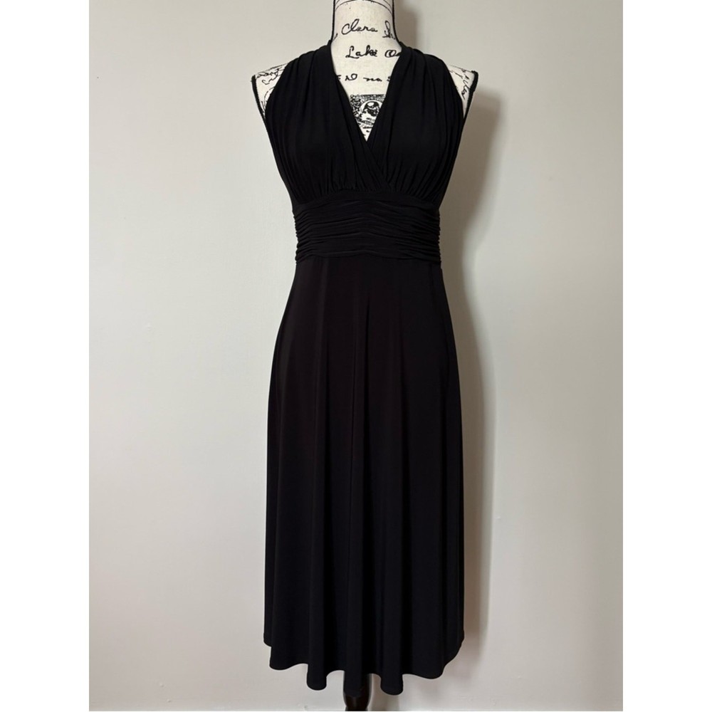 Evan Picone Black Halter Ruched Waist Midi Dress 4 Cocktail Marilyn Monroe Style