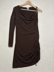 Caché Y2K One Sleeve Chocolate Dress Size S Ruched Gold Chain Asymmetric Bodycon