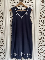 Talbots Nautical Dress Size XL Cotton V Neck Navy Blue Embroidered Rope Border