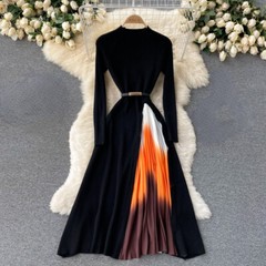 Lady Slim Knitted Midi Dress Pleated Black Long Sleeve Swing Gradient Casual
