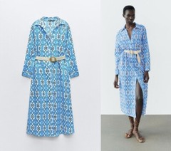 ZARA BLUE PRINT MIDI 100% COTTON SHIRT DRESS W/BELT+ SIDE POCKETS – S