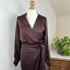 Never Fully Dressed Chocolate Coco Wrap Dress Size 10 Satin Minimalist Elegant