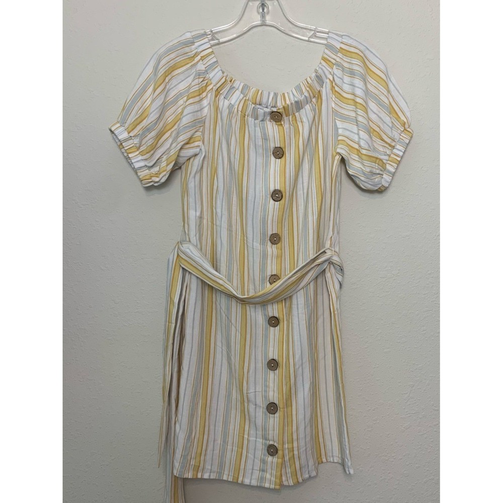 Olivaceous Cream Blue Yellow Striped Button Front Dress Small Coastal Girlhood