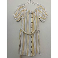 Olivaceous Cream Blue Yellow Striped Button Front Dress Small Coastal Girlhood