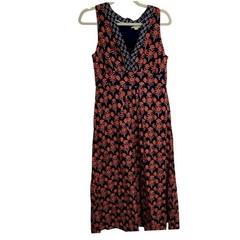 Boden Navy Coral Floral Block Print V-Neck Midi Dress Sleeveless US 6R D0238