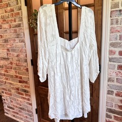 En Creme Mini Dress Women L White Floral Jacquard Tiered Square Neck Long Sleeve