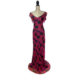90s 100% Silk Long Bias Cut Beaded Floral Dress UK 12 (US 8 )