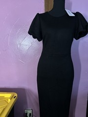 ZESICA Black Solid High Neck Puff Short Sleeve Lace Zip Long Bodycon Dress, M