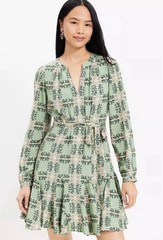 LOFT Mint Green Floral Long-Sleeve Tiered Dress L