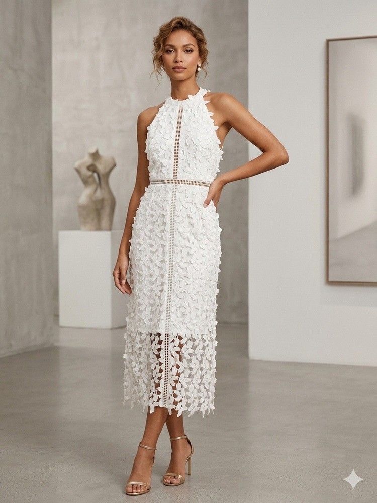 Bardot Ivory Lace Sheath Dress High Neck Sleeveless Lined Ruffle Zip