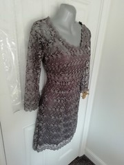 Mint Velvet Size 10 Brown Taupe Floral Lace Occasion Dress Cami Lining Side Zip
