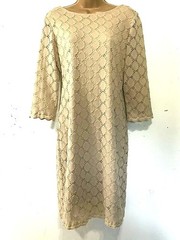 Ronni Nicole Lace Cut Out Dress 10 Tan Beige Lined Shift 3/4 Sleeve Moda Summery