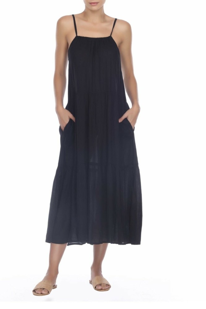 BOHO ME Black Tiered Side Pocket Square Neck Beach Summer Maxi Midi Dress S 4/6