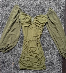 Green Ruched Mesh Sweetheart Bodycon Mini Dress Long Balloon Sleeve Size S