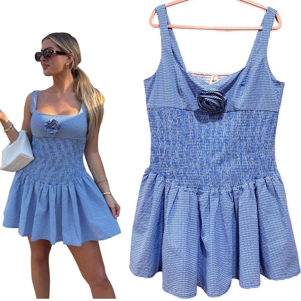 Maeve Anthropologie Smocked Mini Dress Blue XL Gingham Rosette Stretch Coquette