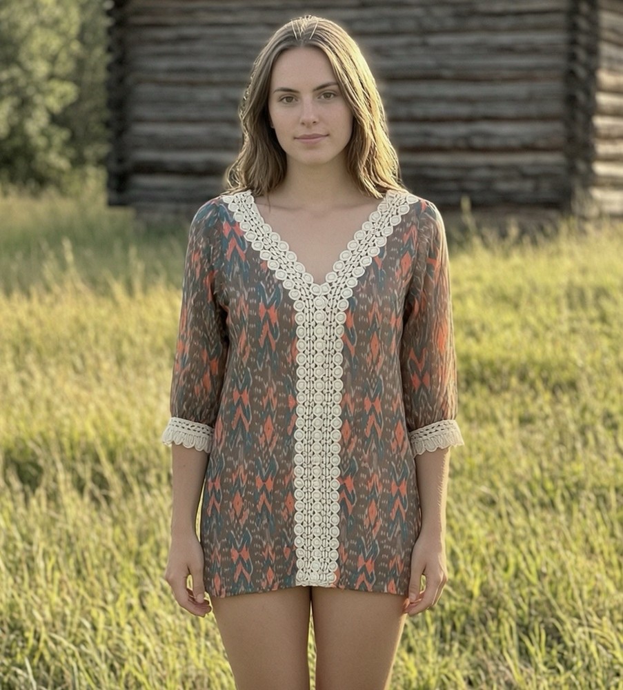 Vintage Altar&rsquo;d State Gray Tunic with Coral and Teal Ikat and Cream Lace. Medium