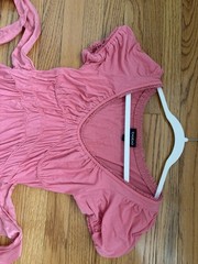 bebe Pink Solid Scoop Neck Ruched Puff Sleeve Tie Waist Short Dress S