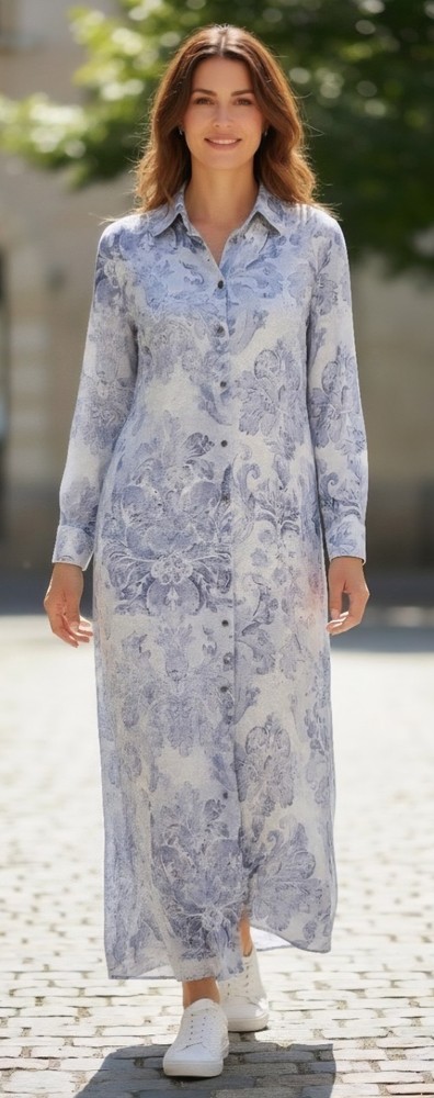 Soft Surroundings Damask Floral Long-Sleeve Maxi Dress Snap Button-Up Medium M