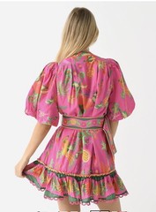 Farm Rio Delicate Fruit Garden Pink Mini Dress Ruffle Puff Sleeve Medium M
