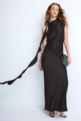 Shona Joy Agnes Draped Ruffle Maxi Dress Black Satin Gown – Size US 6