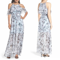 Vince Camuto Blue/Gray Floral Cold shoulder Halter Lined Ruffle Maxi Dress 8
