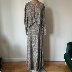 Cassandra Stone Vintage Beaded Lace Sequin Grey Formal Dress Jacket Set Size 10