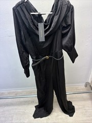 DONNA KARAN (Size 8) Black Draped Neckline Silky Satin Open Back Gown/pants