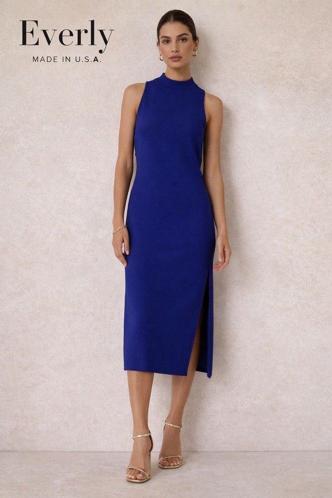 Everly Royal Blue Sleeveless Midi Dress Small Slit Made USA minimalist Office A8