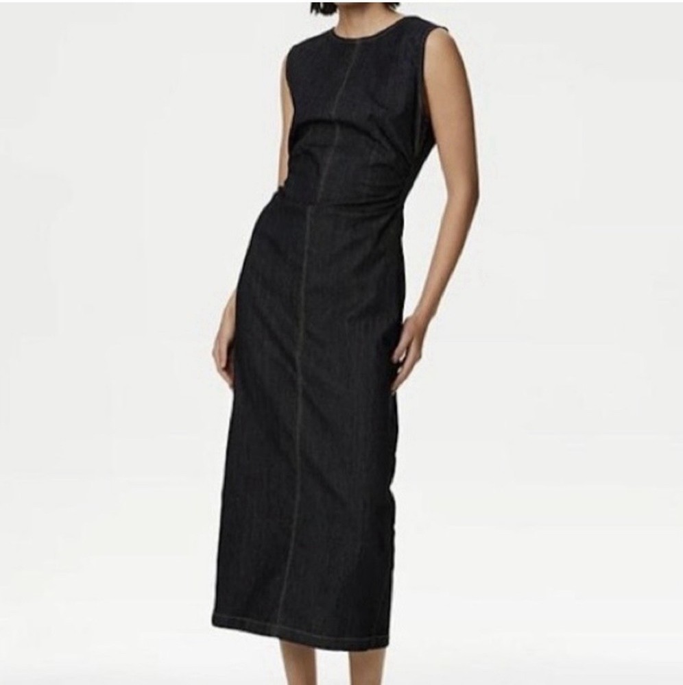 NWT Marks & Spencer Dark Indigo Denim Round Neck Ruched Midi Column Dress, SZ 14