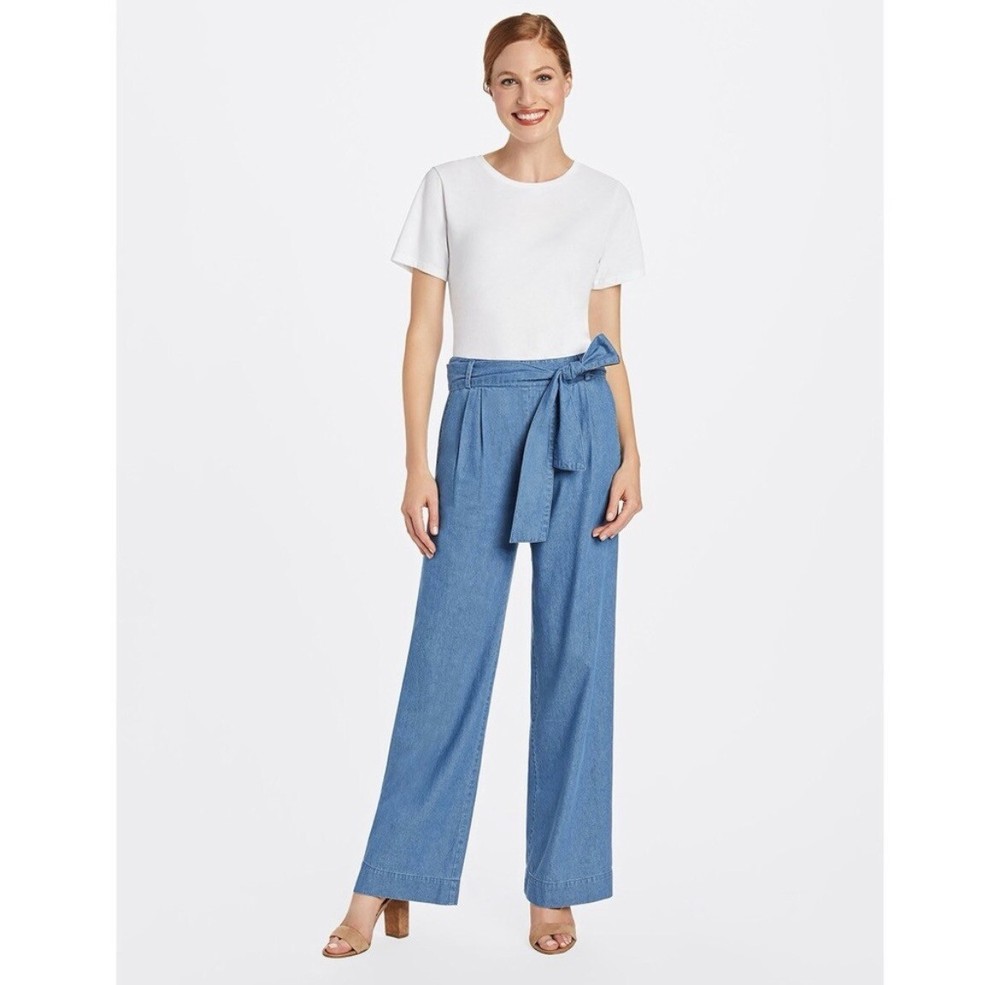 Draper James Wide Leg Chambray Pants $145 Size 4 Tie Waist Medium Blue