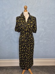 Boden Midi Dress Size 10 Long Floral Puff Sleeve Jersey Shirt Dress Black Yellow