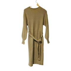 Annie Wear Crew Neck Belted Ribbed Sweater Dress Size M Medium Tan