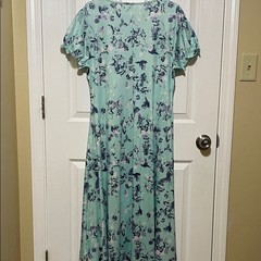 Romantic Malachite Green Floral Midi Dress Flutter Sleeve Size XL