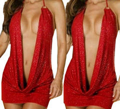 Small RED Sequin Glittery Naughty Knit V-Neck PLUNGE! Backless Bodycon Lingerie