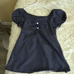 Women&rsquo;s S Blue/White Polka Dot Square Neck Puff Sleeve Short Button Dress