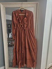 FOREVER 21 Rust Solid V-Neck A-Line Midi Dress Long Sleeve Ruffle Tie S