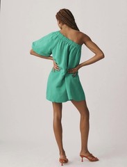 Anthropologie One-Shoulder Waistless XS Linen Mini Dress Smocked Beachy Coastal
